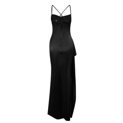 Women's Fashion Elegant Fitted Pleated Slit Satin Gown Solid Color Sleeveless Backless Long Dresses Summer Satin Party Dress