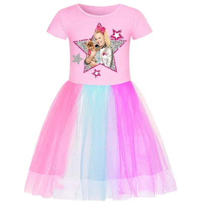 2025 Girls Princess Dress Kids Cute JOJO Siwa T Shirt Pleated Dresses Children Summer Vestidos Cartoon Birthday Party Clothes