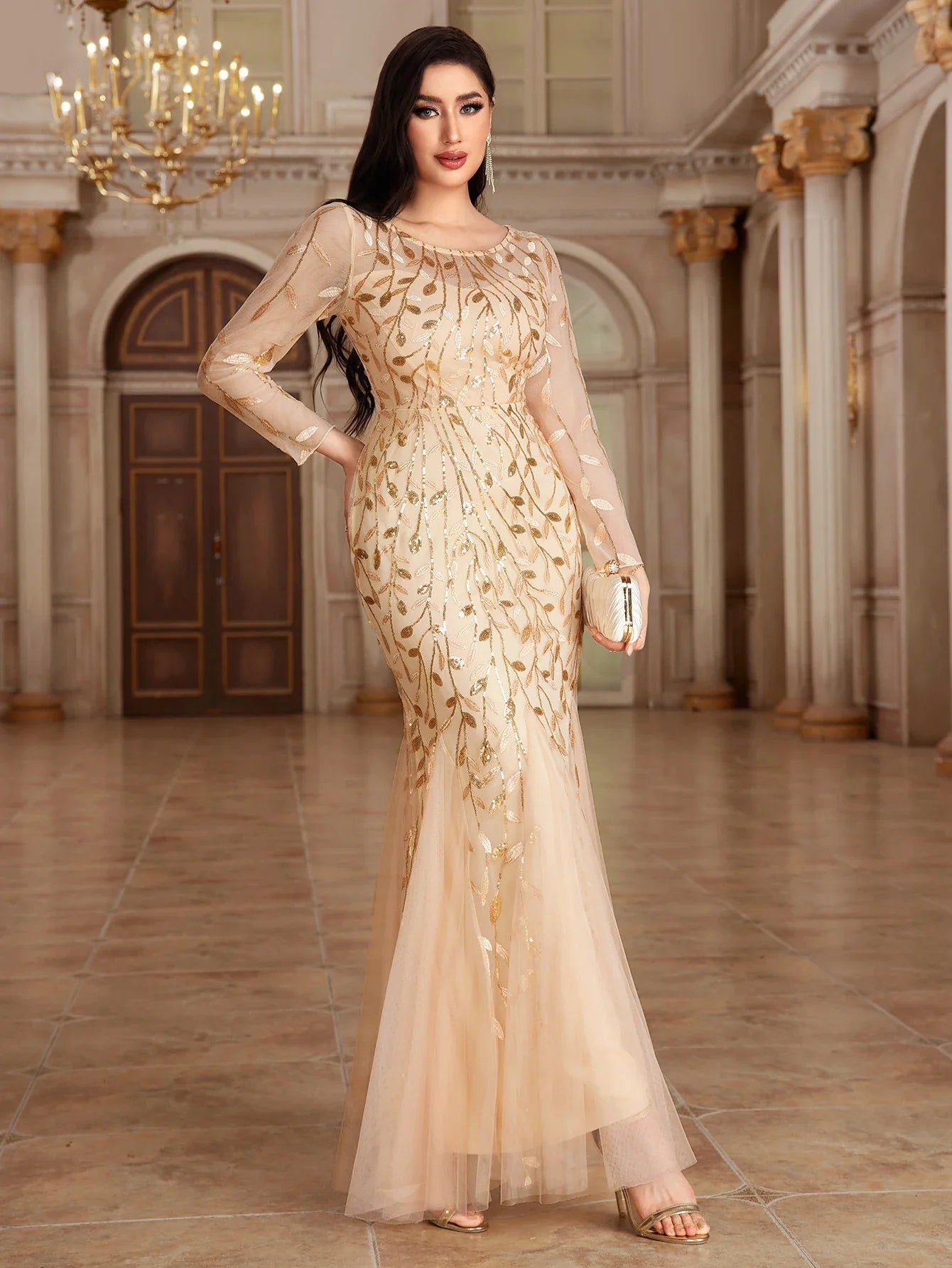 2024 Plus Size Evening Dresses Mermaid O Neck Full Sleeve Lace Appliques  vestidos elegantes  party dress  long