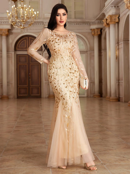 2024 Plus Size Evening Dresses Mermaid O Neck Full Sleeve Lace Appliques  vestidos elegantes  party dress  long