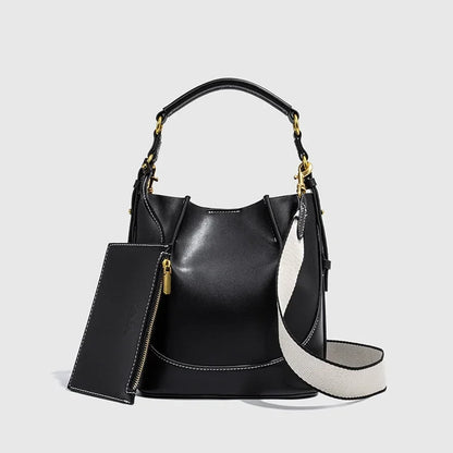 New Women's Large Capacity Bucket Bags with Wide Shoulder Strap Single Shoulder Handbag Drawstring Handheld Crossbody Bags