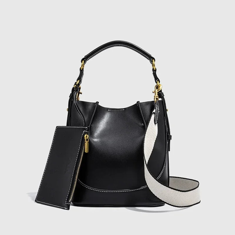 New Women's Large Capacity Bucket Bags with Wide Shoulder Strap Single Shoulder Handbag Drawstring Handheld Crossbody Bags
