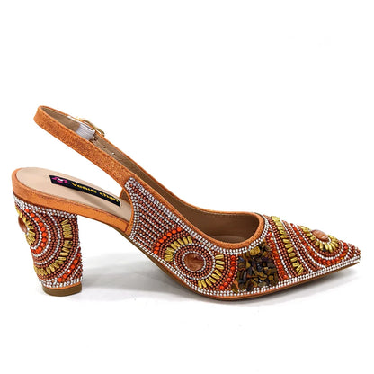 2025 Moda Mais Recente Chegada Laranja Ponta Fina Sandálias Femininas Sapatos com Bolsa Conjunto para Senhoras Festa de Casamento Salto
