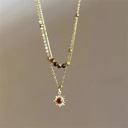 Vintage Leather Brown Stone Pendant Necklace Women's Retro Stacking Choker Temperament Clavicle Chain Hip Hop Jewelry Accessory