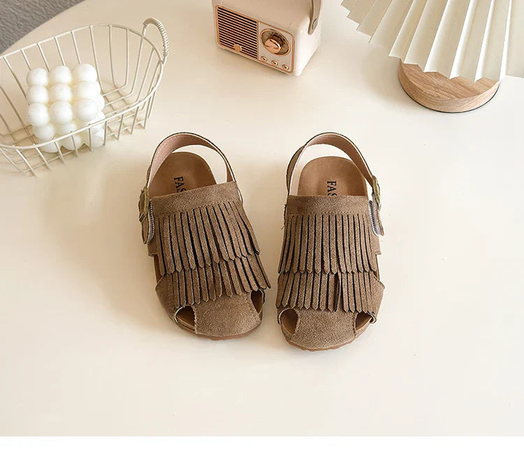 2025 Summer New Girls' Sandals Korean Style Tassel Princess Shoes Frosted Leather Hollow Sandals Comfortable 23-31