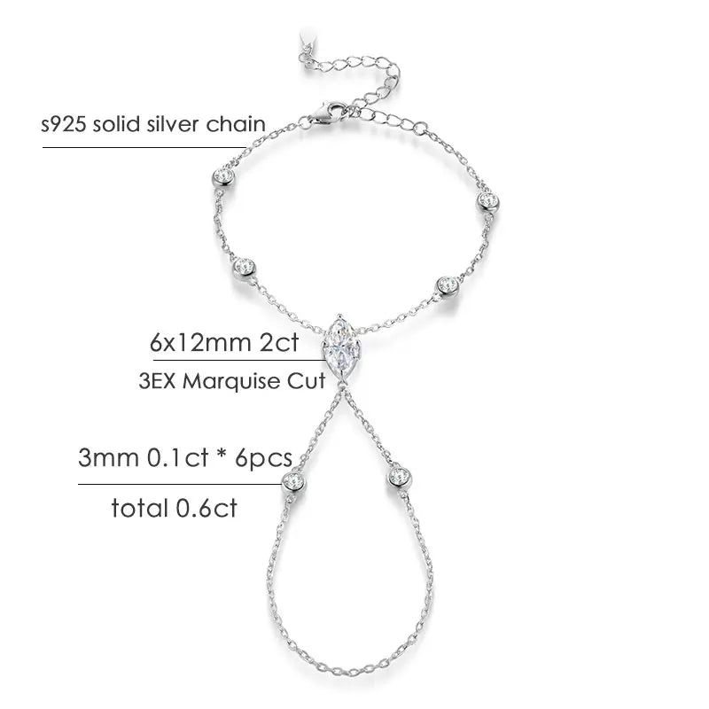 D VVS1 Moissanite Finger Bracelets for Women Bohemia Rhombus Marquise Cut Bracelet Hand Jewelry s925 Silver Thin Chain