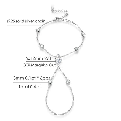 D VVS1 Moissanite Finger Bracelets for Women Bohemia Rhombus Marquise Cut Bracelet Hand Jewelry s925 Silver Thin Chain