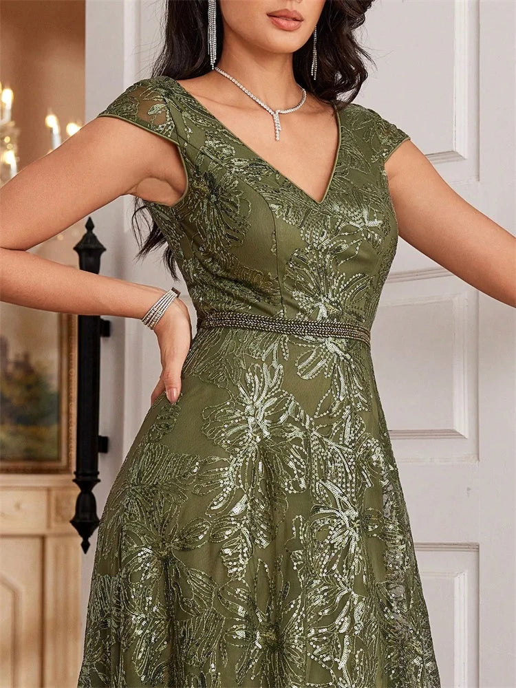 New Luxury V-Neck Beading Green Sequins Evening Dresses Elegant Long Women V-back Wedding Party Long Prom Cocktail  Gowns