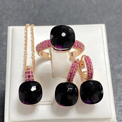 Conjunto de Joias Femininas 3 Peças - Anel, Brincos e Colar Banhados a Ouro Rosé com Zircônia Roxa Incrustada