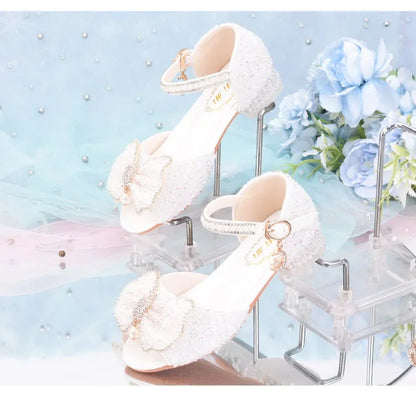 2025 Summer Girls' Princess Shoes Fashion Sequin Bow Soft Bottom Children's Sandals Girls' Performance Pearl Crystal High Heels