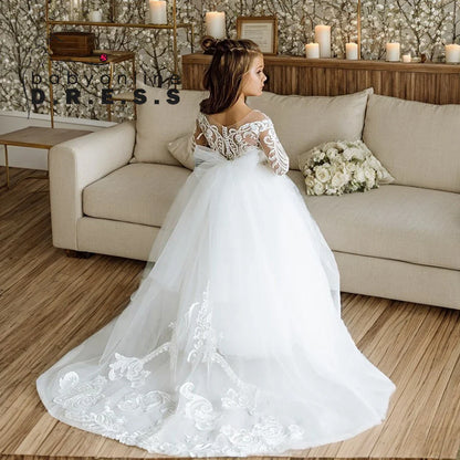 Holy White CVommunion Dress Long Sleeve Lace and Floral on Bodice Top Sequins Tulle-Skirt Flowy A-line Gormal Gown
