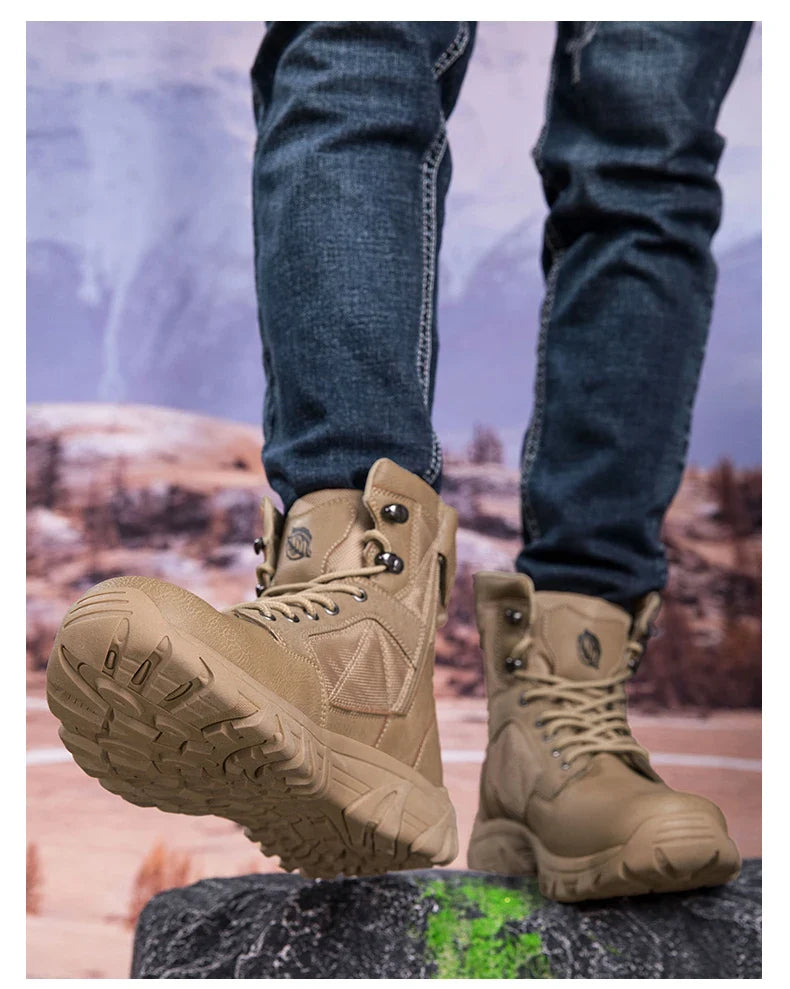 Brand High-Top Leather Men's Boots Breathable Desert Combat Men Work Ankle Outdoor Non-slip Hiking Boots Men's Motorcycle Boots