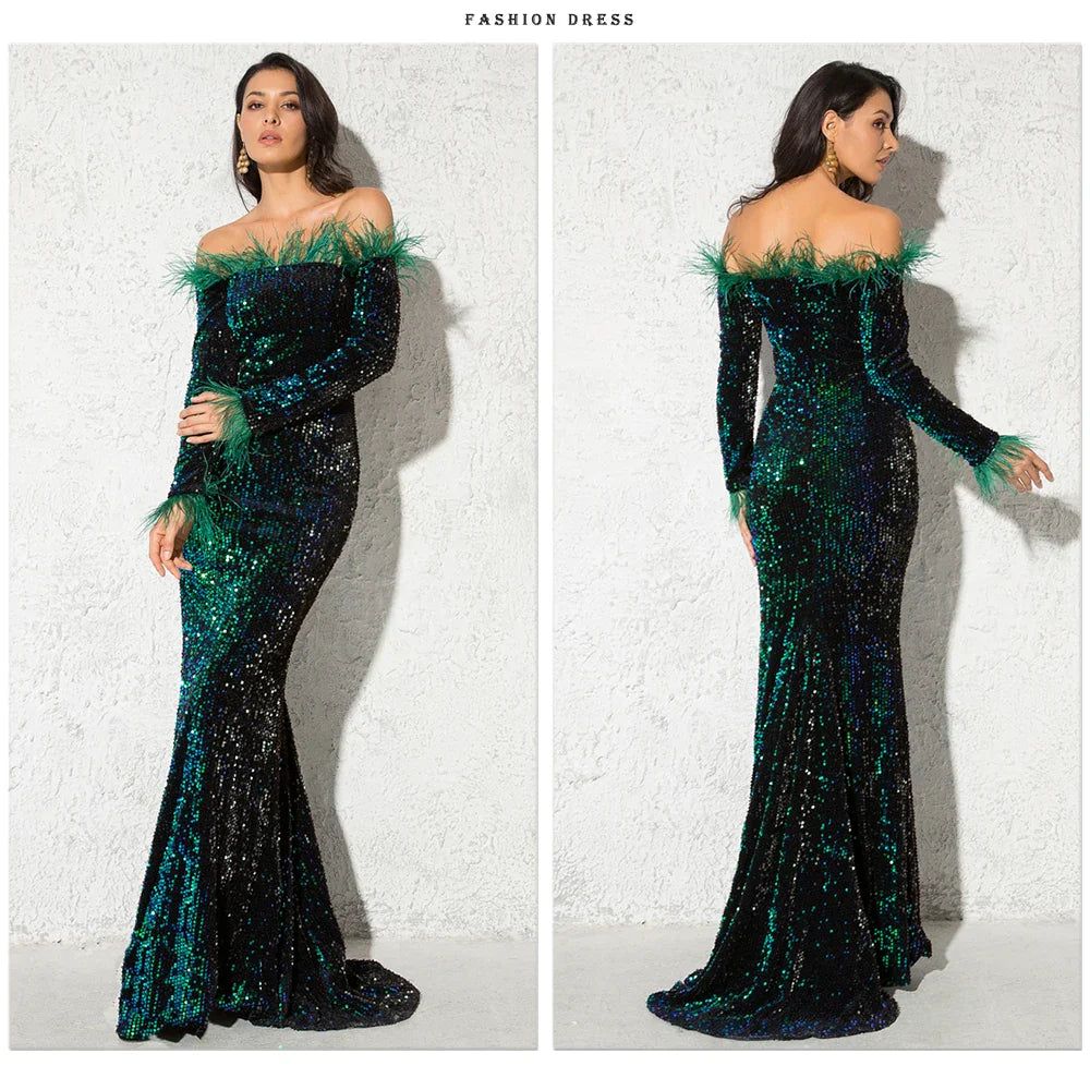 Sparkle Sequin Green Feathers Maxi Cocktail Dress Mermaid Off Shoulder Long Sleeves Stretch Wedding Party Gown Dresses 2025
