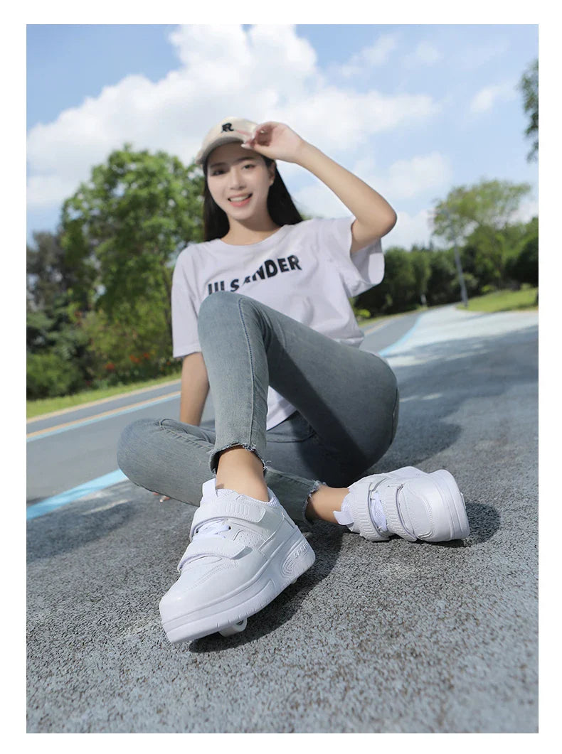 Autumn 2025 Kids Walking Shoes Detachable Double Wheel Roller Skates Boy Leather Student Shoe Four Wheeled Children Shoes Girl