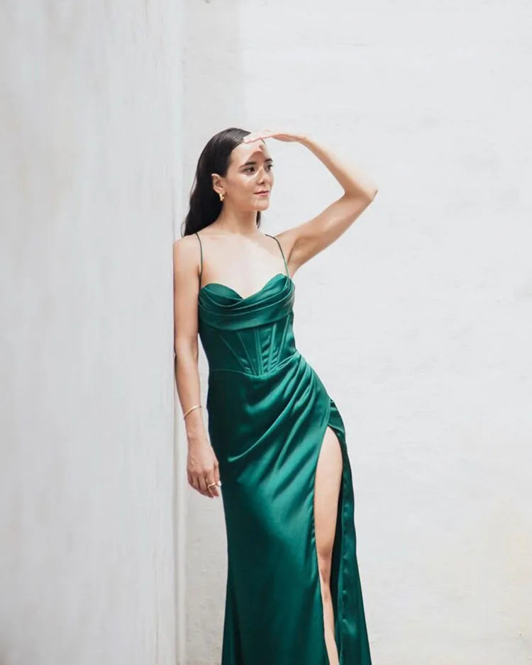 New Summer Prom Dress Women'S Sling Sleeveless Solid Color Dress One Word Neck Slim Fit Open Back Slit Red Sexy Dress