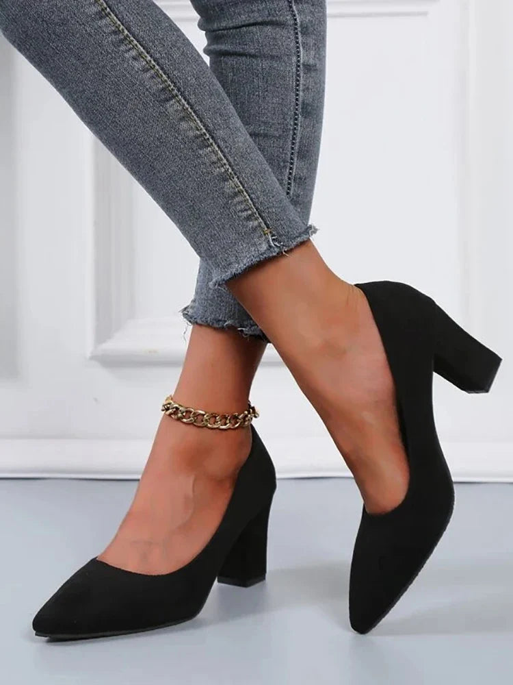 2025 New 7cm Chunky Heels Women Pumps Shoes Students And Mom Beige Suede Wedding Party Leisure Square Heels Plus Size