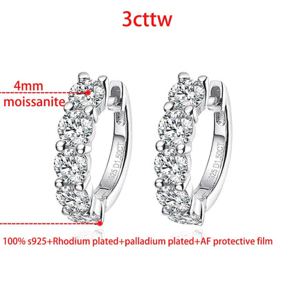18k 3cttw Moissanite Hoop Earring for Women 4mm Stones D Color Sparkling Created Diamond Earring 100% 925 Sterling Silver