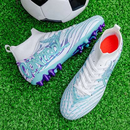 Unisex High-Top Football Shoes AG Long Nails Anti-Slip Leather Black for Teenagers And Adults