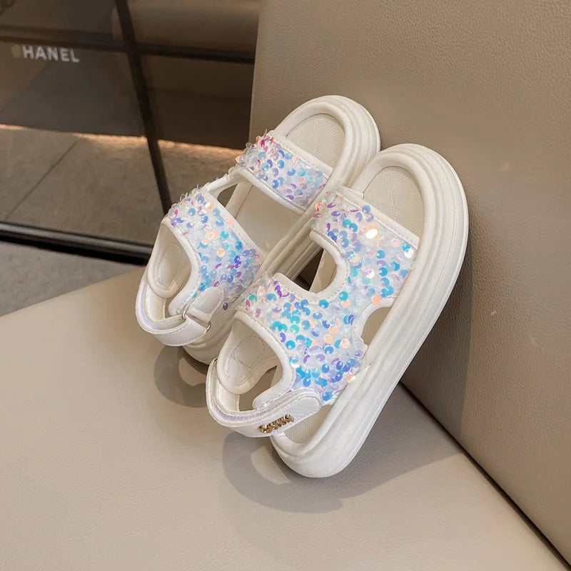 Summer Children's Sandals Sequins Thick Soled Girls Causal Princess Open-toe Sandals Fashion Non-slip Kids Beach Shoes Versatile