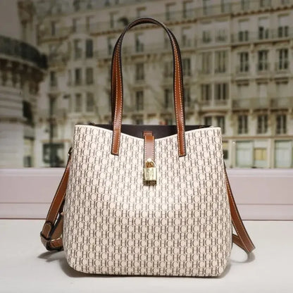 Stylish Monogram Tote Bag Lock Decorative Detail Top Handles Detachable Crossbody Strap Fashion Shoulder Bag