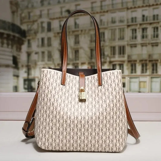 Stylish Monogram Tote Bag Lock Decorative Detail Top Handles Detachable Crossbody Strap Fashion Shoulder Bag
