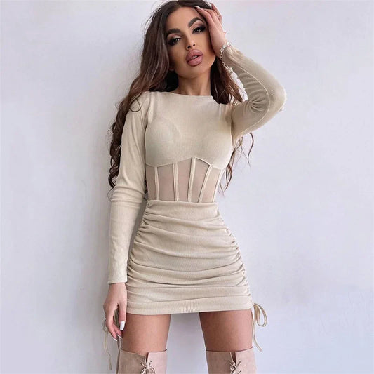 Hollow Out Bodycon Dress Women O Neck Long Sleeve Mini Vestidos Ribbed Hot Sexy Dresses Fashion High Street Wear