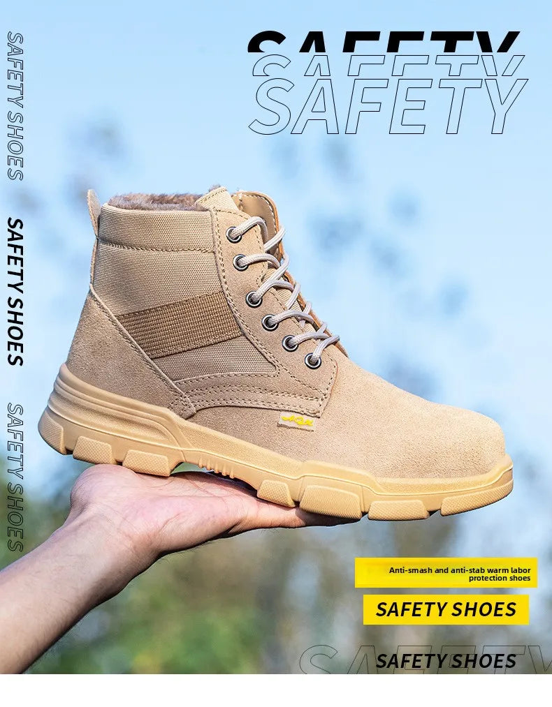Men's Winter Wool Velvet Cotton Safety Work Shoes High Top Steel Toe Insulated Labor Protection Construction Shoes
