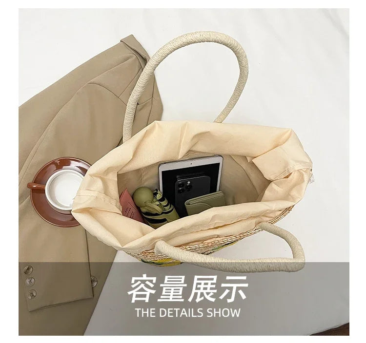 Embroidery Fruit Solid Color Shoulder Bag Straw Woven Hollow Versatile 2025 High Quality Bags for Women New Beach Handbags