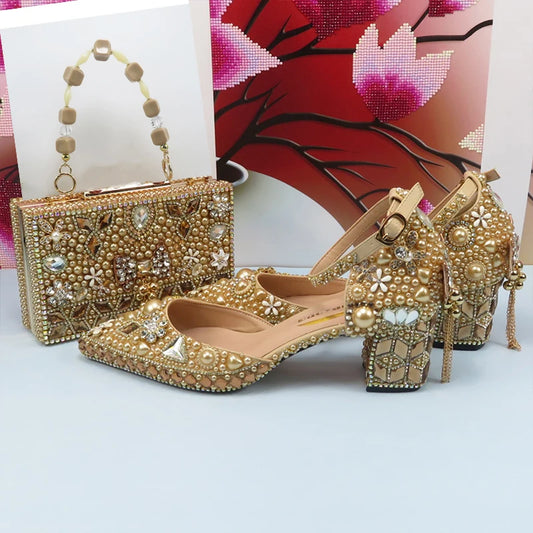 Luxury Champagne Golden Crystal wedding shoes matching bags woman fashion Thick heel Women party dress shoes Pointed Toe shoes