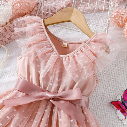 Toddler Girls' Pink Polka Dot Mesh Dress - Flutter Sleeves, Big Bow Waist, Sweet Spring & Summer Princess Dress