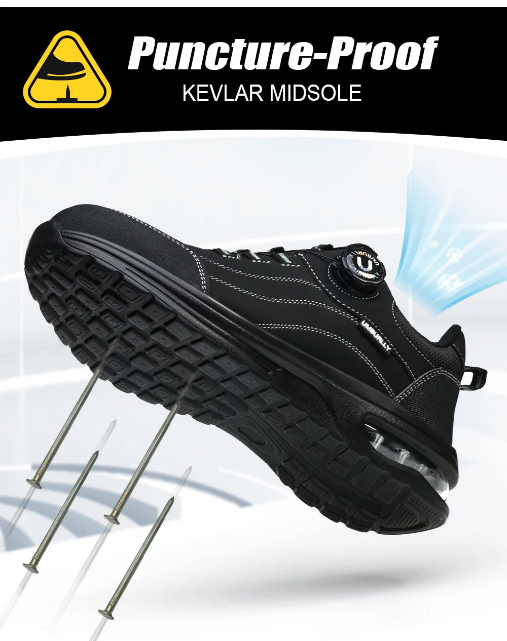 Men's Safety Work Boots Steel Toe Puncture Resistant Kevlar Midsole Air Cushion Black Button Style Industrial Construction Shoes