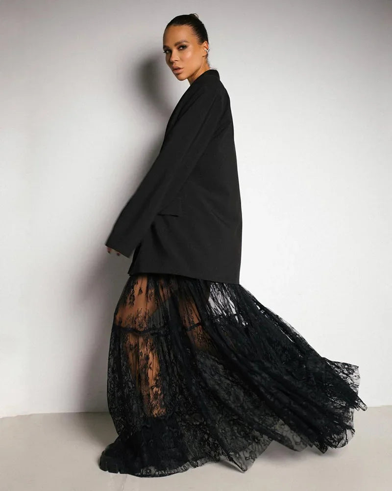 Loose Black Sexy Black Lace Skirt Women Fashion Thin Transparent Casual Hollow Out High Waist Loose A-line Long Skirt Party