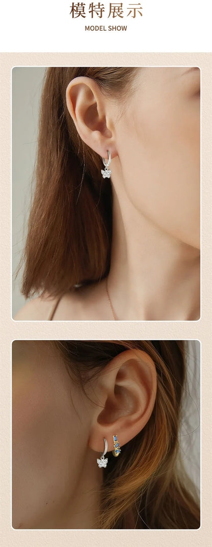 925 Sterling Silver Earring Fashion Geometry Butterfly Zircon Asymmetry Pearl Drop Earring Simple Temperament Trend Women Ear Je