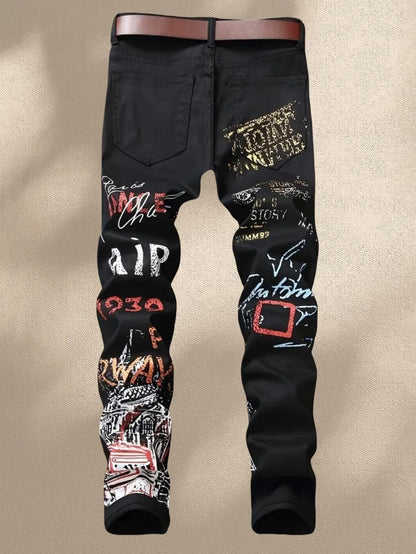 Street casual wear, men's jeans, fashionable printed patterns, classic style trousers with cinched waist design. Black color