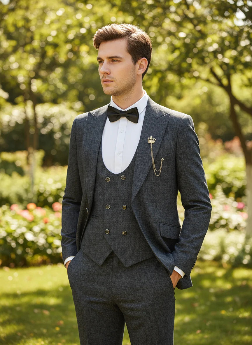Black Men suit 3 piece set  gray elegant slim fit formal office and leisure banquet groomsman set groom's wedding dress
