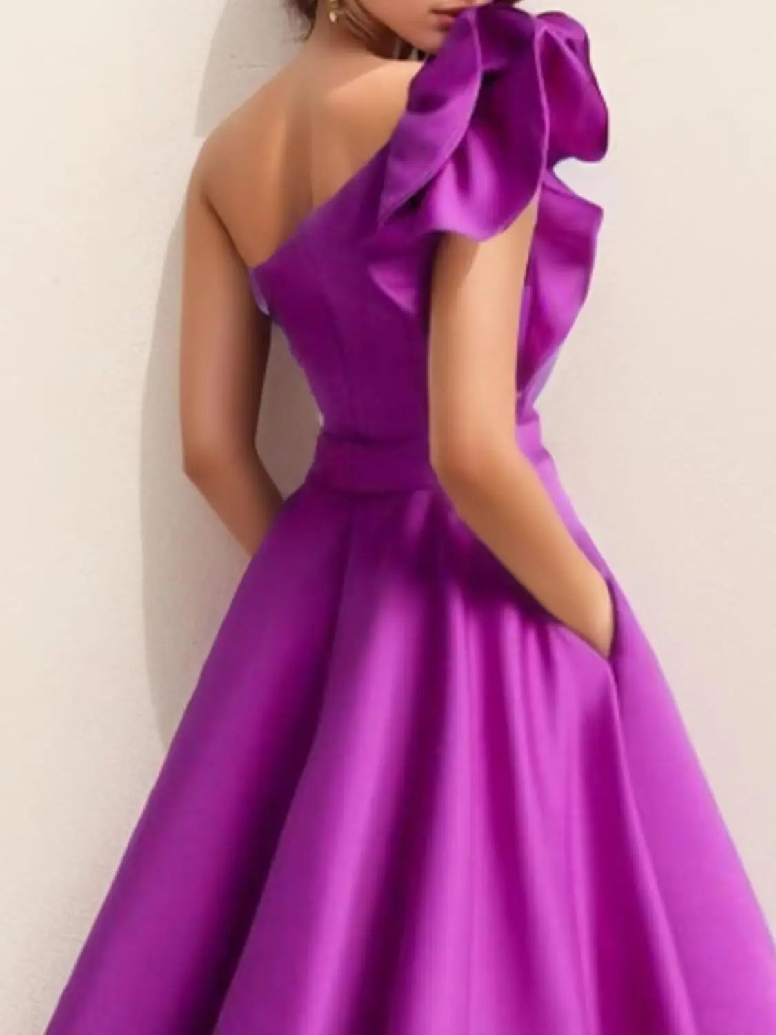 Women's One Shoulder Elegant Evening Dress with Pockets Satin Tea Length A Line Formal Wedding Guest Dress Prom Dresses