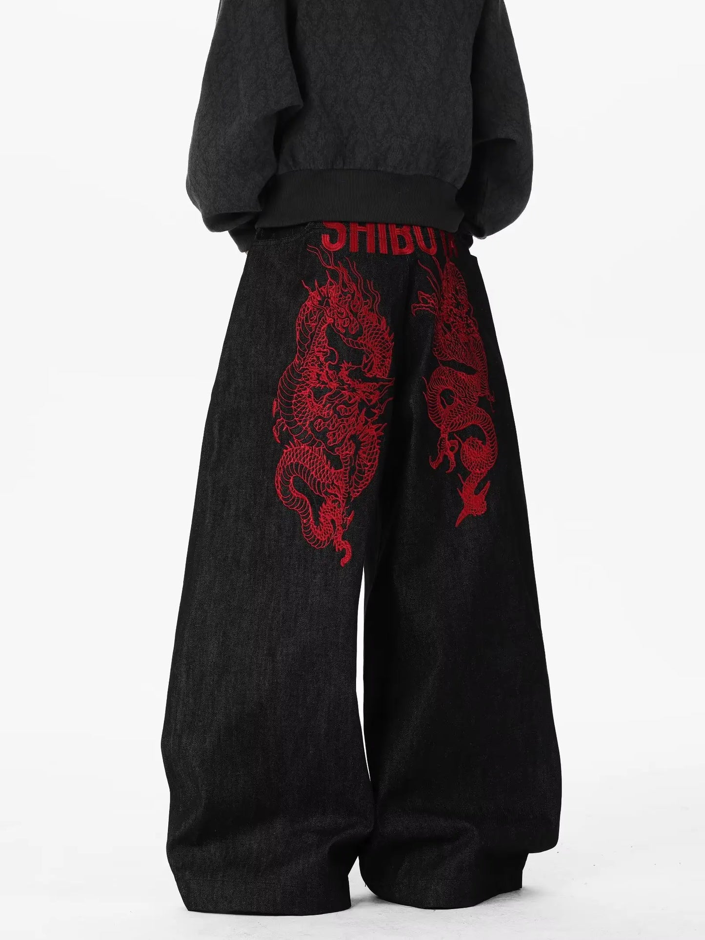 American retro embroidered pattern hip-hop jeans suitable for both men and women Y2K street cool floor length wide leg pants