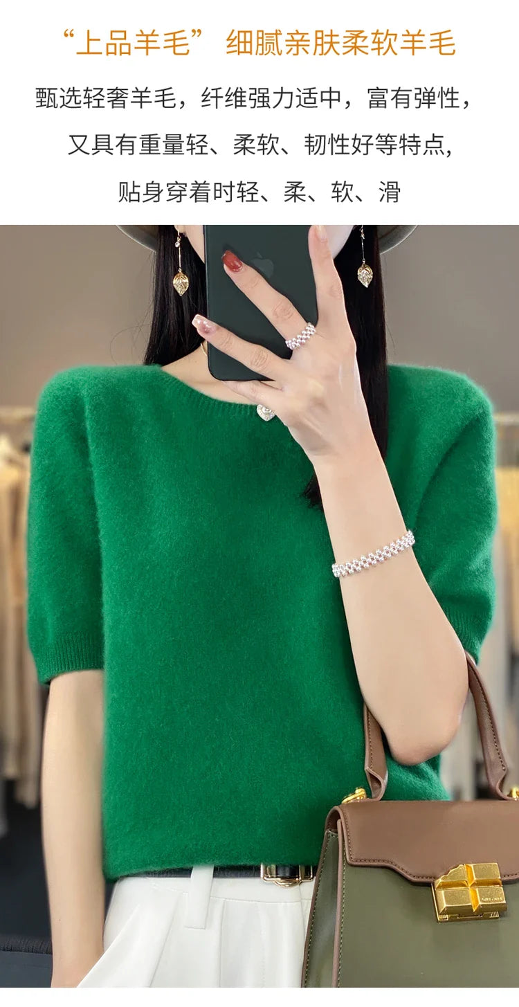 100% pure wool T-shirt spring and summer new women's O-neck pullover short sleeve loose five-sleeve sweater high-end top
