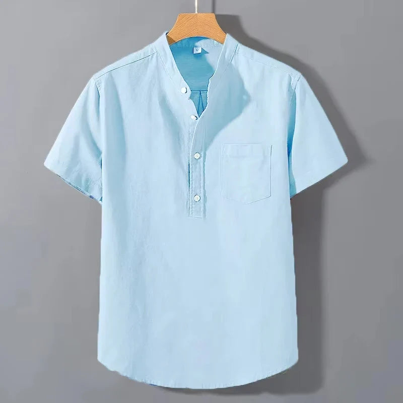 New Mens Short Sleeve T Shirts Solid Color Stand Up Collar Shirt Summer Trendy Breathable Loose Youth Basic Cotton Pocket Top