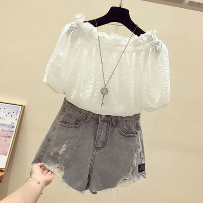 Black casual slash neck puff sleeve chiffon pullover women's blouse shirt female clothing tops fashion short blouses 2025