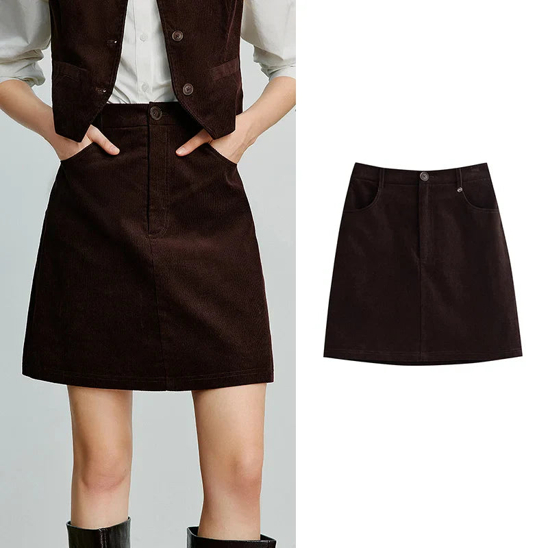 Women Midi Skirt 2025 Autumn New Retro Corduroy Elastic Waist Pure Cotton A Line Mini Skirt
