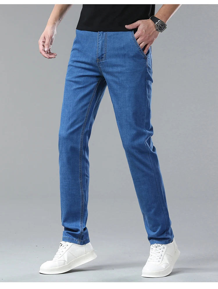 Men's Ice Silk Jeans Summer New Lyocell Thin Business Casual Denim Pants Classic All Match Slim Fit Straight Elastic Jean Male