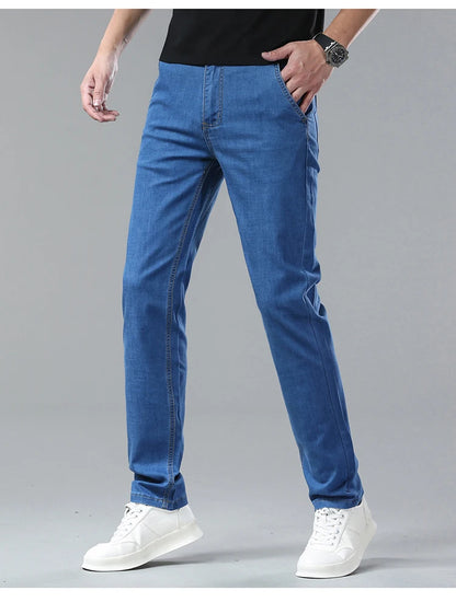 Men's Ice Silk Jeans Summer New Lyocell Thin Business Casual Denim Pants Classic All Match Slim Fit Straight Elastic Jean Male