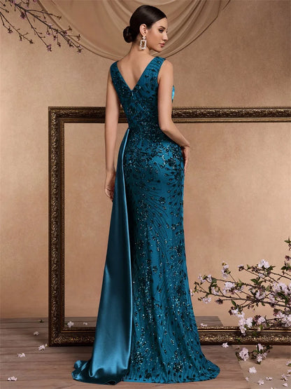 Elegant V-neck Splice Ribbons Sequins Evening Dresses Woman Sleeveless Mermaid Formal Luxury Wedding Party Prom