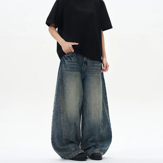2025 Spring New Men's Jeans Oversized Wide Leg Pants Loose Vintage Patchwork Lightning Cracked Denim Trousers Streetwear Male
