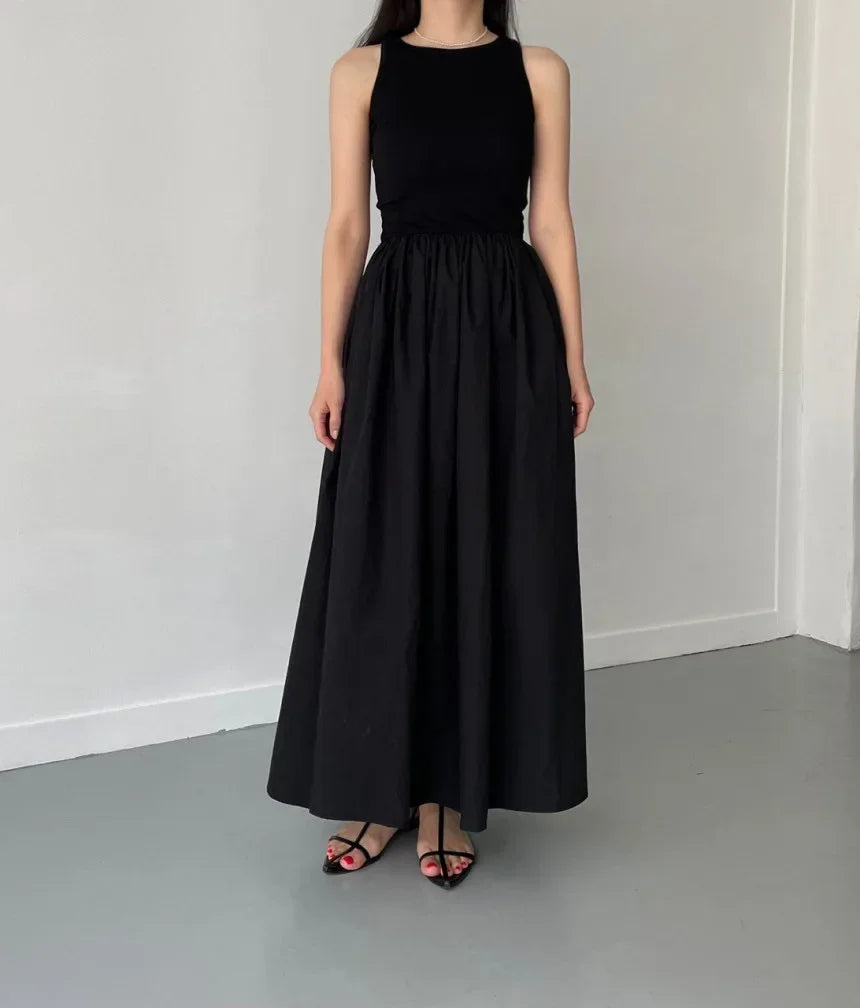 Simple Elegant Black Long Dresses For Women Round Neck Sleeveless High Waist Temperament Female Fashion Style Dress