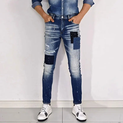 Street Fashion Men Jeans Retro Blue High Quality Elastic Skinny Fit Ripped Jeans Men Patched Designer Hip Hop Brand Pants Hombre