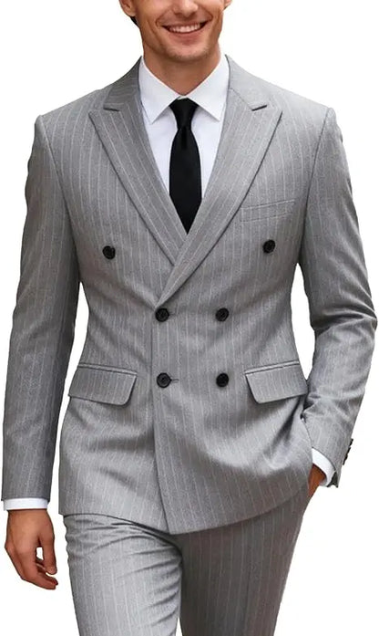 2pc Striped Double Breasted Men’s Suit Set(Jacket+Pants) Business Formal Man Suits Wedding Party Prom Dinner Work Travel Dinner