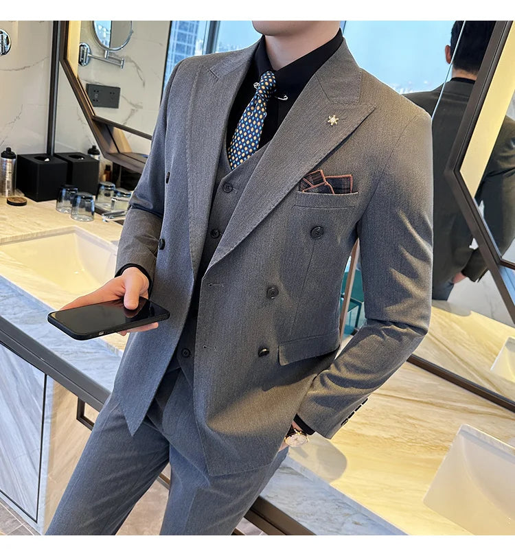 (Jackets+Pants) Luxury Double Breasted Design Slim Fit Suit High Quality Fashion Men's Wedding Social Suit Tuxedo 2 Piece Set