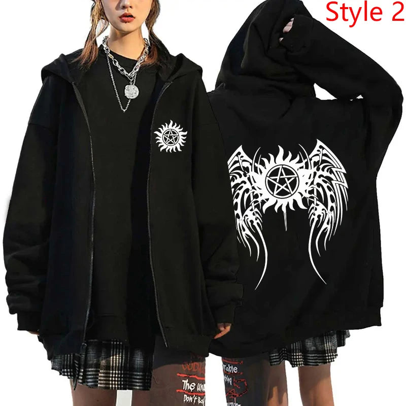New Supernatural Printed Zipper Hooded Fashion Women Men Sweatshirt Casual Sport Hoodie Personality Zipper Long Sleeve Coat